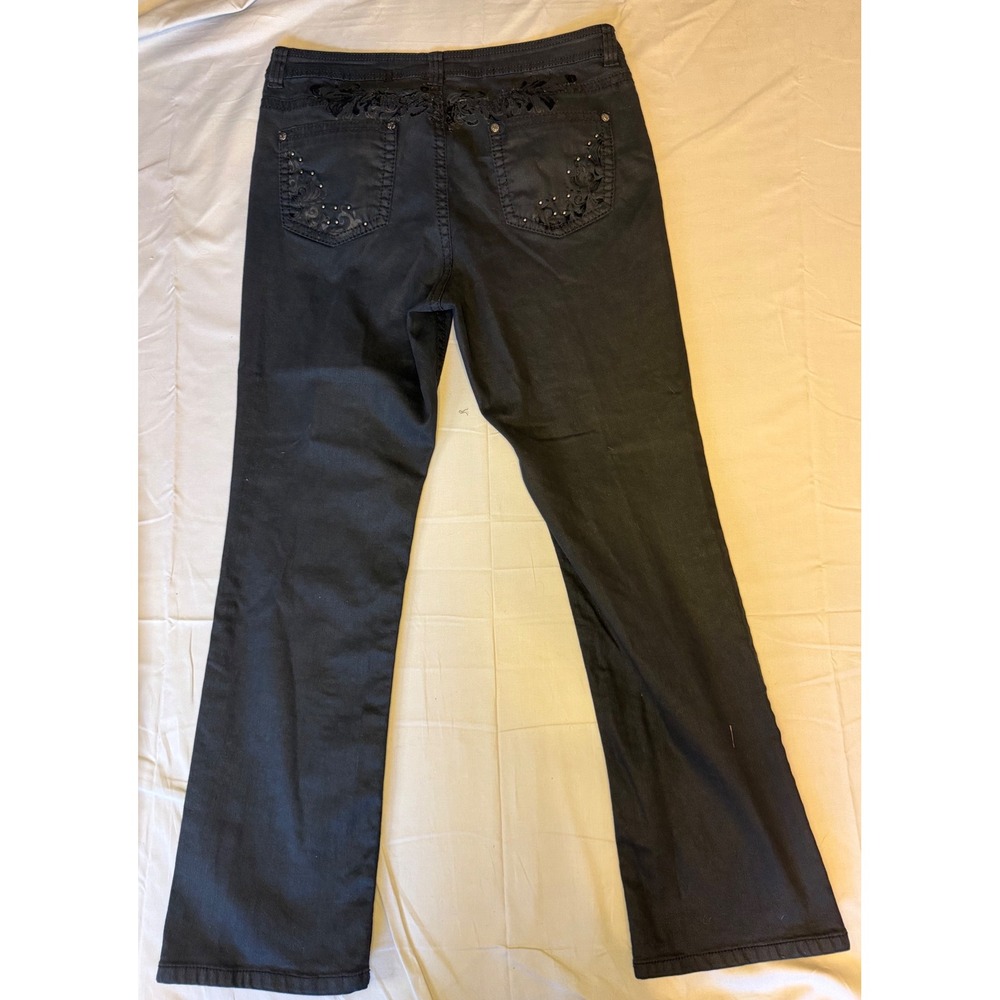 Reba Black Coated Embroidered Rhinestone Bootcut Jeans Womens Size 12 - Picture 2 of 9